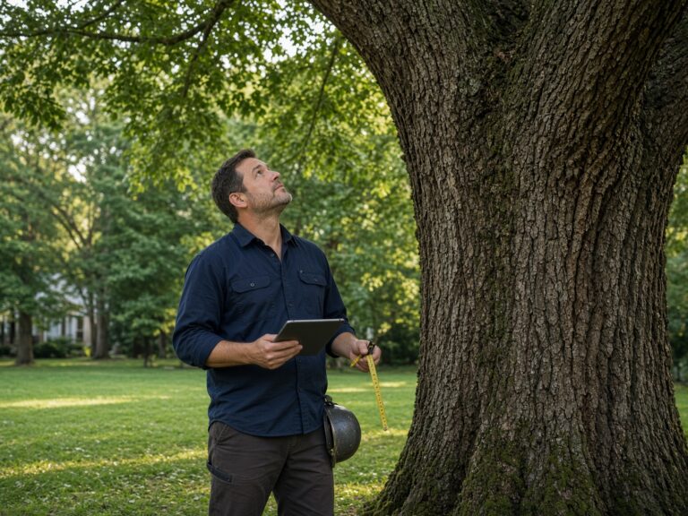 Arborist at the base of a large pin oak performing a tree risk assessment