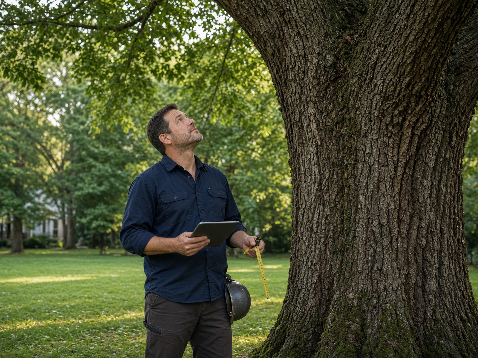 Arborist at the base of a large pin oak performing a tree risk assessment