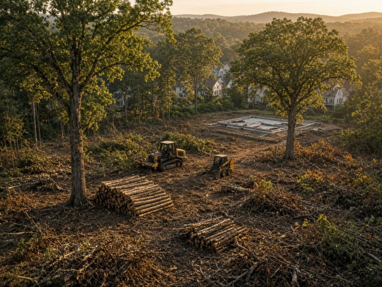 Selective lot clearing on a wooded New Jersey residential property with specimen oaks left standing