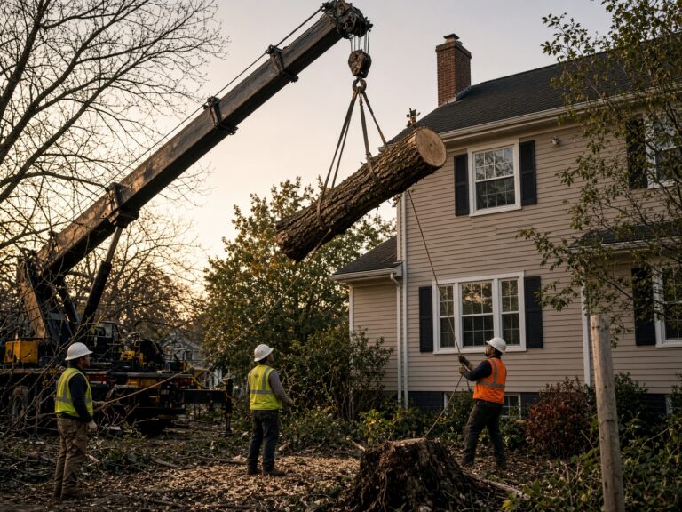 Boom crane lifting a large trunk section away from a two-story home during a residential tree removal