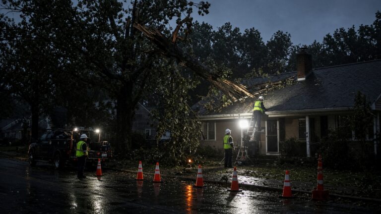 Emergency tree crew working at dusk under portable lights after a storm in suburban New Jersey