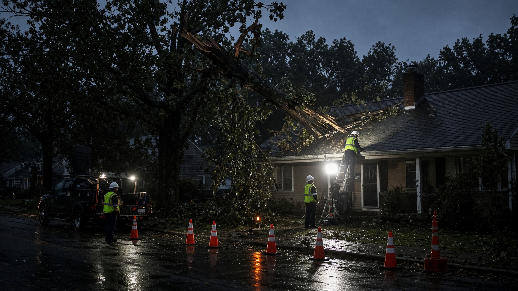 Emergency tree crew working at dusk under portable lights after a storm in suburban New Jersey