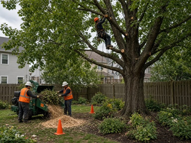 Tree crew sectioning a large maple in a tight suburban backyard with a chipper on site