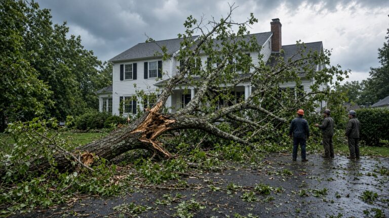 Large storm-fallen tree across a driveway in front of a New Jersey colonial home