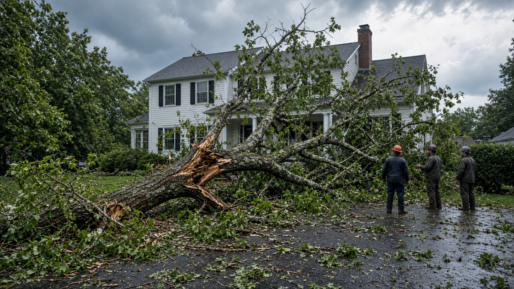 Large storm-fallen tree across a driveway in front of a New Jersey colonial home